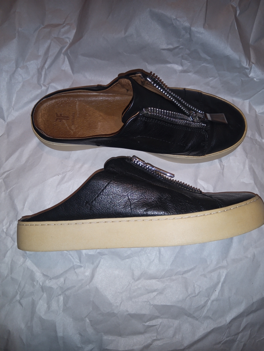 Frye Black Leather Slip-On Mule with Cream Sole